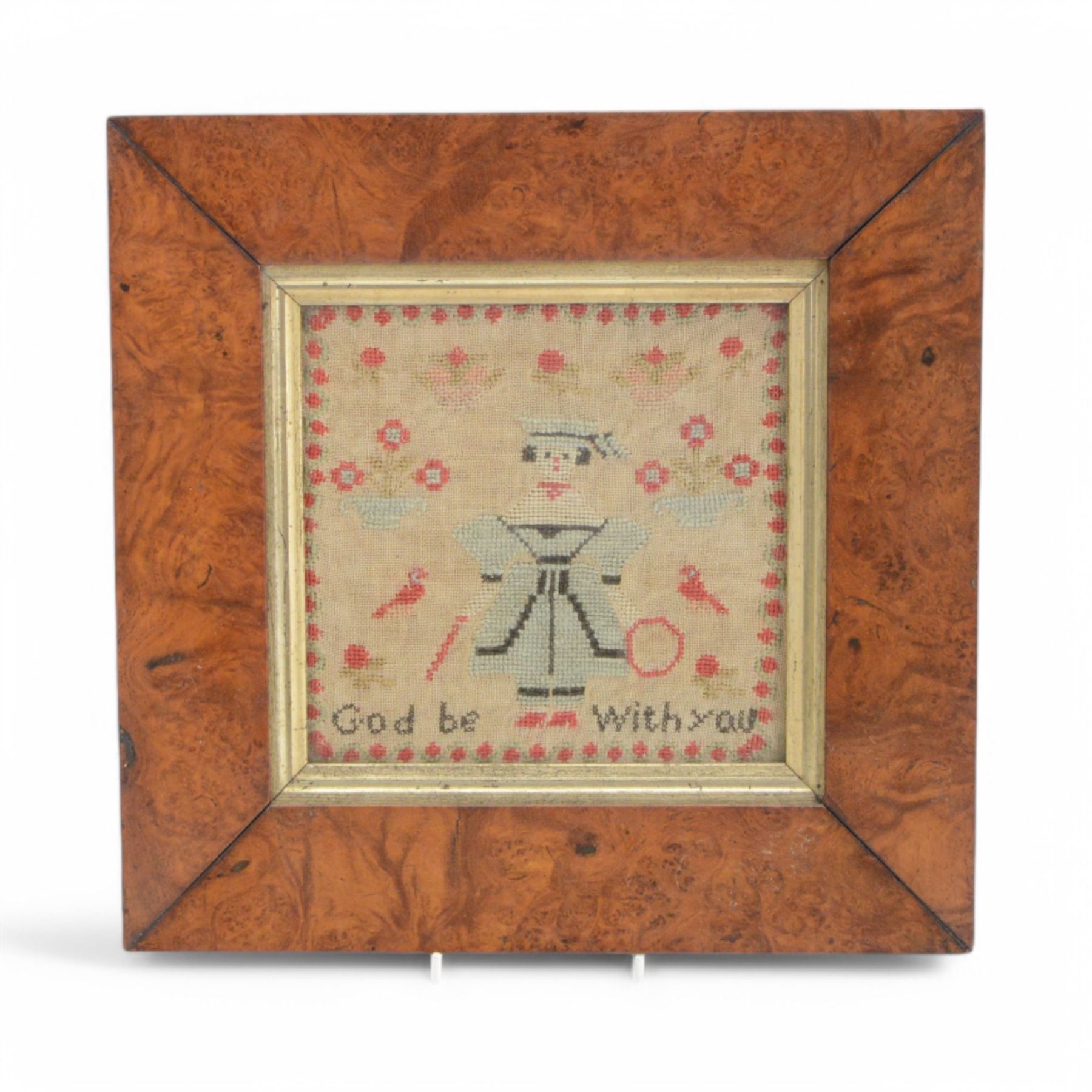 Three framed samples, including 19th century alphabet sampler by Pheobe Bolter aged 9 years, largest H51cm, W26cm 