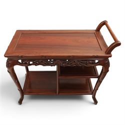 20th century Chinese ornately hardwood tea trolley, rectangular top with handle, pierced frieze above a half shelf above a full length undertier, raised on shaped supports