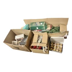 Artificial Nordic style 6ft Christmas tree, together with a large collection of baubles, small light up Christmas tree, tree skirt and other Christmas decorations, including some vintage examples