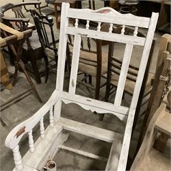 American style rocking armchair (W55cm); two clothes horses; piano stool with hinged lid; frameless wall mirror; pine shelf; pine rack; walnut shelf; walnut two door cabinet; early 20th century oak picture frame; and a Victorian pine frame (10) - THIS LOT IS TO BE COLLECTED BY APPOINTMENT FROM THE OLD BUFFER DEPOT, MELBOURNE PLACE, SOWERBY, THIRSK, YO7 1QY