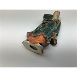 Japanese parquetry puzzle box L12cm; another Japanese puzzle box with marquetry top of Mount Fuji; eleven graduated Chinese figures including immortals; and Chinese figure of a lady standing on a hardwood base next to a horn table (14)