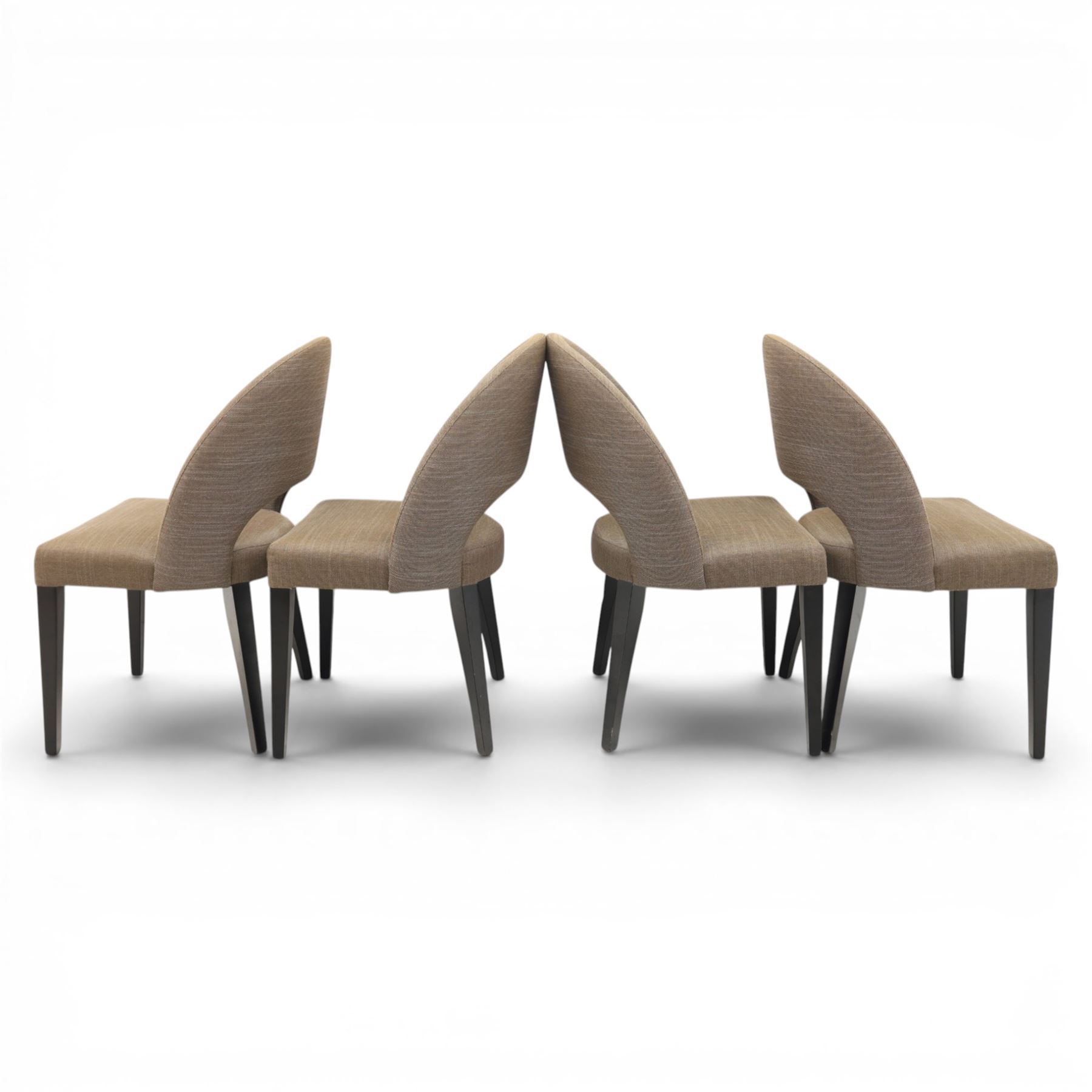 Modern oak extendable table and four chairs, extending top with stowable leaf (Extends to 152cm), chairs with brown upholstery and tapered square legs