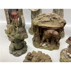 Seven Terry Pratchett Discworld figures by Clarecraft, to include The Luggage DW04M Smugli D990, pair of Home Sweet Home bookends, wall hanging modelled as a dragon upon stone plinth etc, tallest H19cm