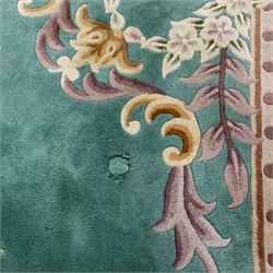Large Chinese wash woollen turquoise ground rug carpet, 358cm x 255cm