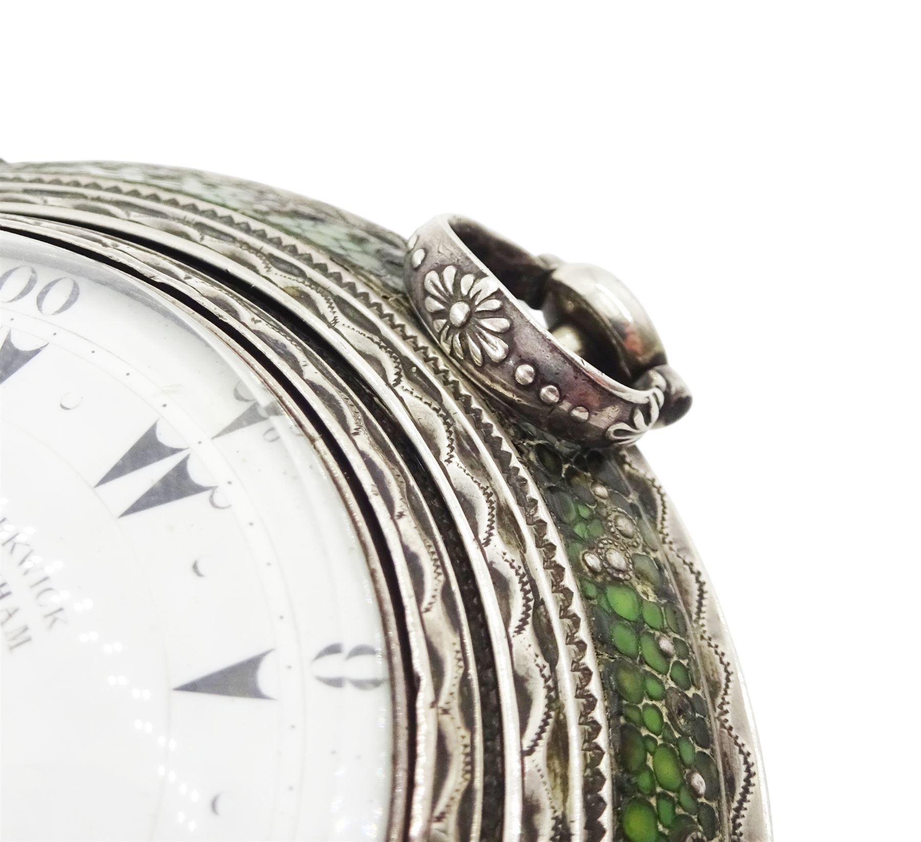 George III silver and gilt metal triple cased verge fusee pocket watch, for the Turkish market by Markwick Markham Borrell, London, No. 23209, ornate classical design pillars, pierced and engraved foliate balance cock, white enamel dial with Turkish numerals, bull's eye glass, the silver cases by James Richards, London 1804, the silver and gilt outer case decorated with green shagreen