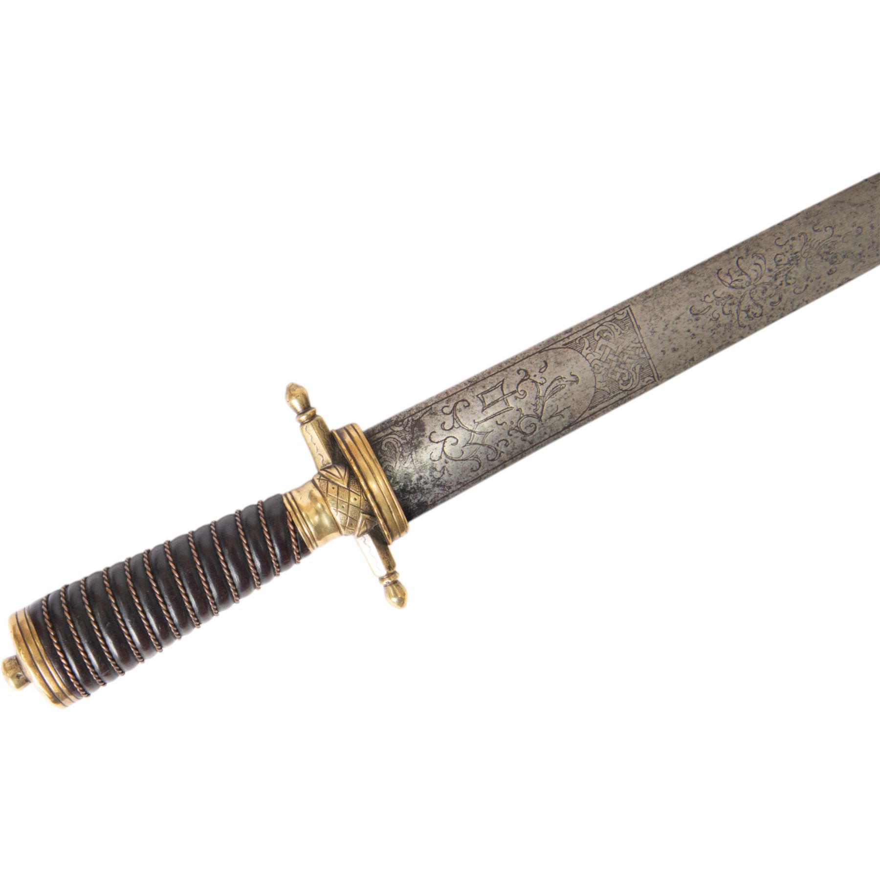 German hunting hanger, with 55cm double edged blade half etched on both sides with scrolling patters and bird, brass hilt with and leather handle with copper wire winding, overall L69cm 