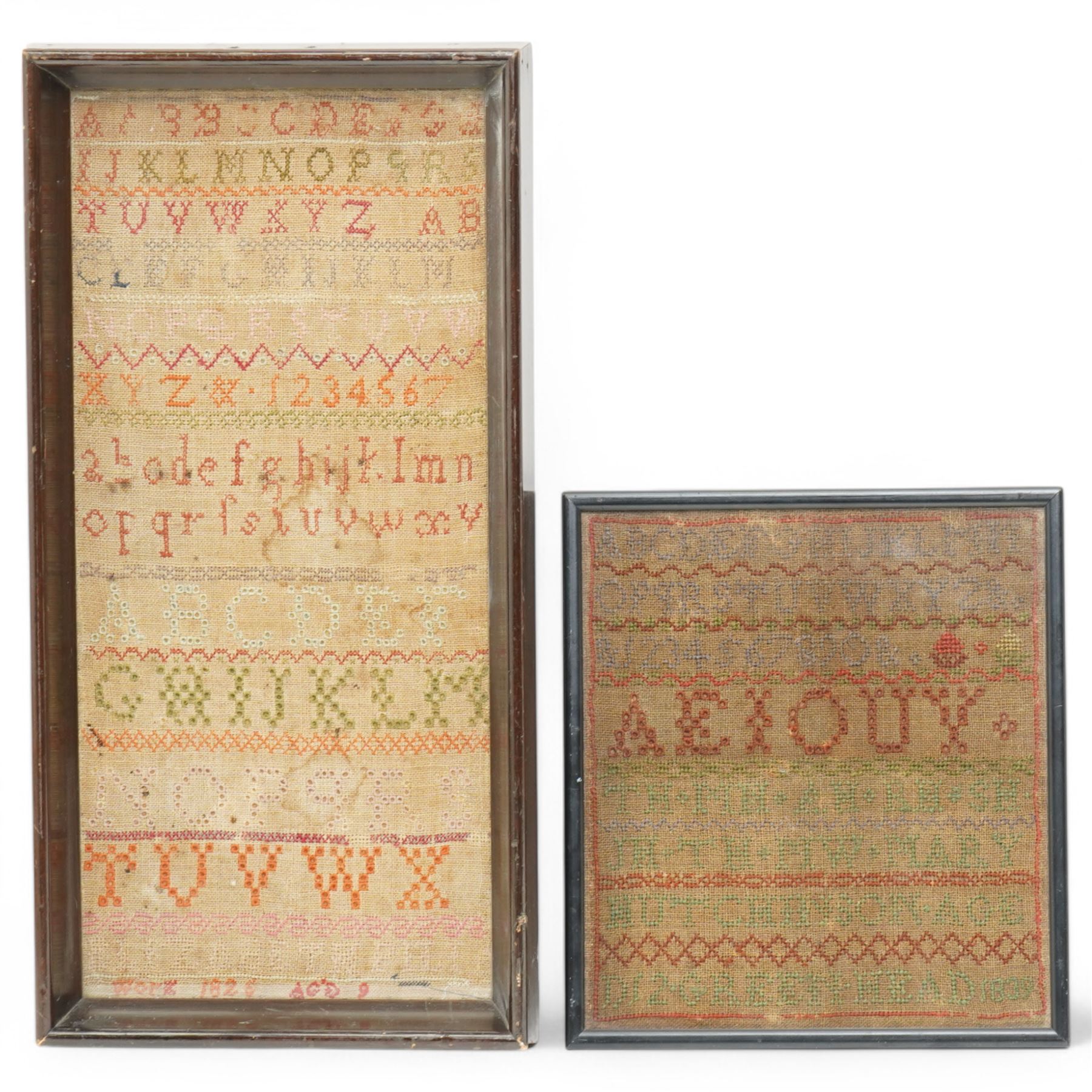 George IV alphabet sampler by Elizabeth P- aged 9, dated 1826, and another by Mary Hutchinson aged 12, dated 1839, larger 47cm x 24cm (2)