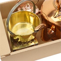 Large Victorian copper kettle, smaller kettle, brass trivet and a small brass preserve pan