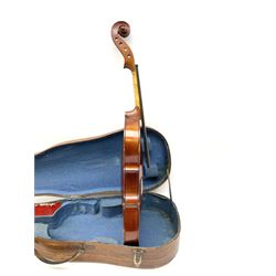 French Medio Fino violin c1920 for restoration and completion with 36cm two-piece maple back and ribs and spruce top, bears label 'Medio Fino' 59cm overall; in wooden carrying case; together with two modern violins (3)