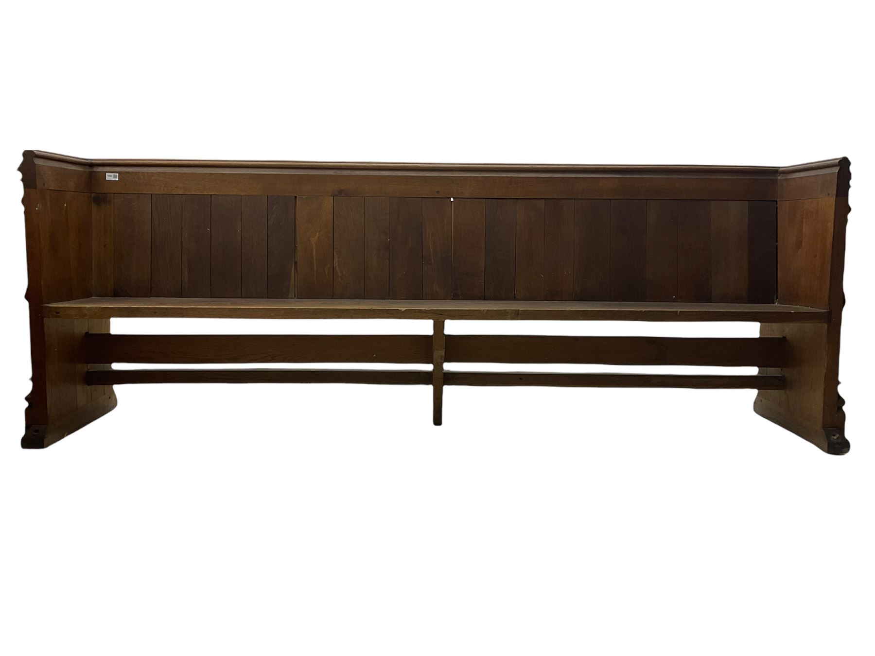 Victorian solid oak pew, panelled design, carved Gothic ends