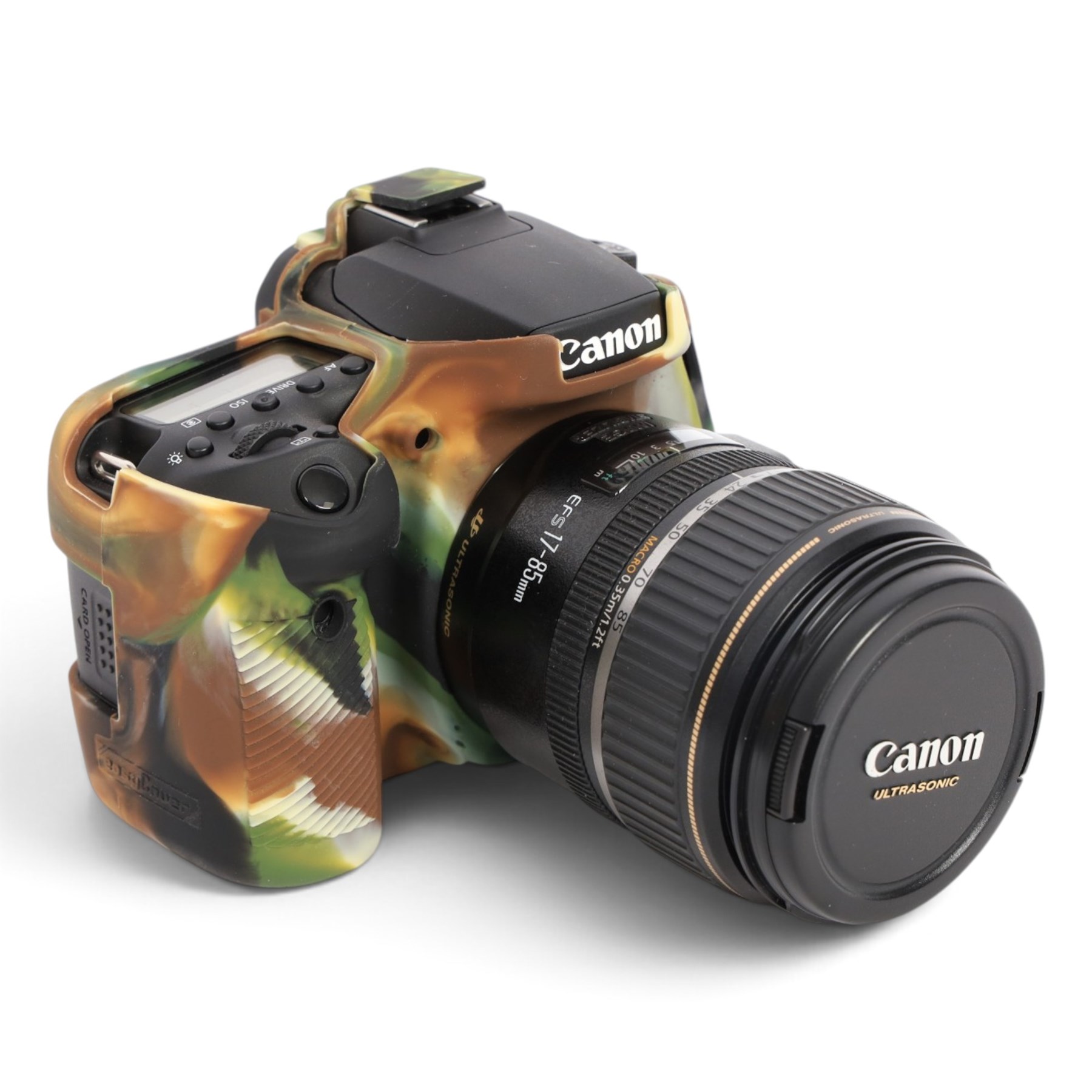 Canon EOS 90D DSLR camera body serial no. 064051002694, in a silicon camouflage case, with a Canon EF-S 17-85mm 1:4-5.6 Image Stabilising Ultrasonic zoom lens serial no. 4512926109, Canon Extender EF 1.4 x III and other accessories including Lowepro carry case, Visionary clamp, Canon Speedlite 430 EXII, Ultimaxx Grip Stabiliser, Newell Dual Battery Charger, Very100 sight, Olympus OM-D EE-1 dot sight, various filters, etc