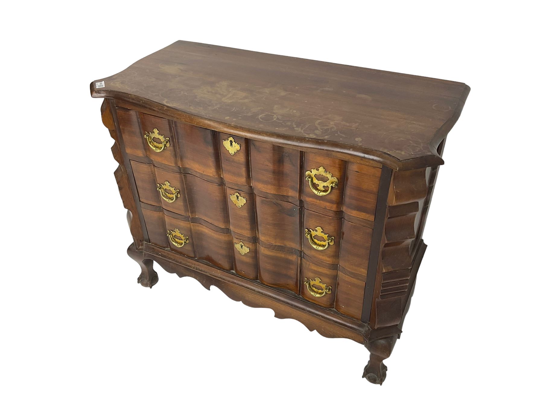 19th century Dutch serpentine chest, moulded edge, fitted with three drawers with shaped fronts and brass handle pulls, flanked by shaped uprights and panelled sides, raised on cabriole supports terminating in ball and claw feet