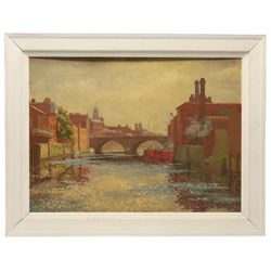 William John Botten Jenkins (British 1912-1994): 'Ouse Bridge - York', oil on wood panel signed, titled and dated 1937 on York Arts Society label verso 43.5cm x 60cm