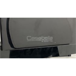 Ponsfords Sheffield Italian black gloss and glass extending dining table, rectangular supports (W220cm & 140cm, H77cm, D90cm) and set six chairs black and white dining chairs (W48cm)