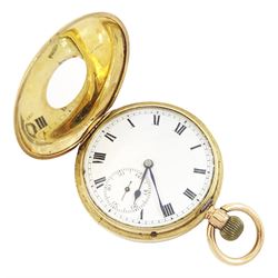 Early 20th century 9ct gold half hunter keyless lever pocket watch, No. 590035, white enam...