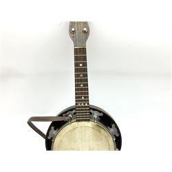 Melody-Uke four-string ukelele banjo, makers plaque to head stock L59cm; and Italian eight-string lute-back mandolin with mahogany stained segmented maple back and spruce top L59cm (2)
