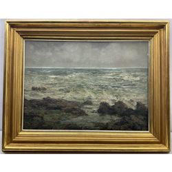 John Falconar Slater (British 1857-1937): Waves Breaking on a Rocky Shore, oil on panel signed 54cm x 74cm