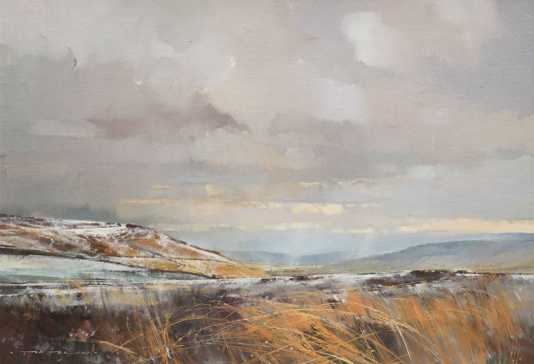 Tom Harland (Yorkshire 1945-2012): 'Early Snow Above Farndale', oil on board signed, titled verso 32cm x 46cm
Provenance: with Ladygate Gallery, Beverley