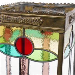 Edwardian metal framed hanging hall lantern, of rectangular form, with leaded stained and clear glass panels, H32cm excluding fittings 