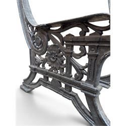 Yates Haywood - pair of Victorian cast iron bench ends, Architectural scrolling design with flower head detail, stamped with period registration number and date