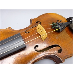  Late 19th century German folk fiddle with 35.5cm one-piece inlaid maple back, maple ribs and spruce top, L58.5cm, in carrying case  