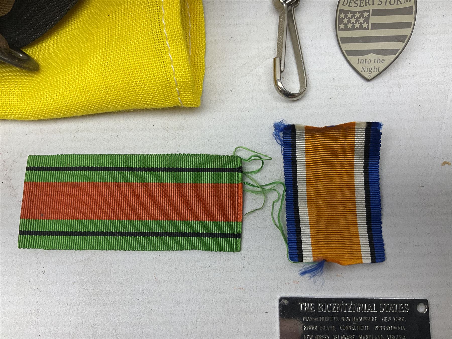 Miscellaneous militaria including two Royal Artillery and one Royal Horse Artillery stable belts; Northamptonshire Regiment trench art brass shell case lighter; unused Matchless Fire-Set; pocket knives and multi-tool; lanyards; oak shield with York & Lancaster crest etc