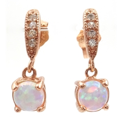  Pair of opal silver-gilt pendant ear-rings, stamped 925  