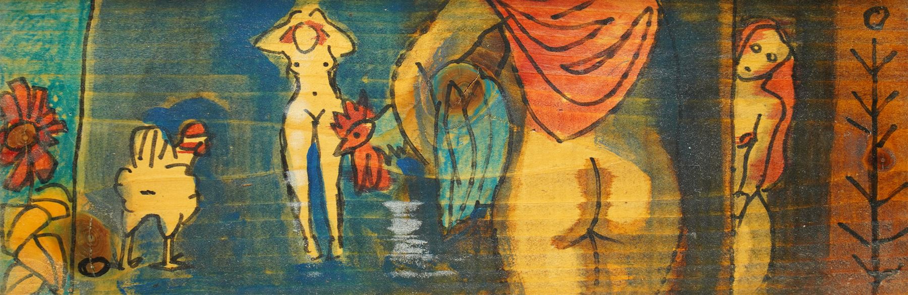 Kai Breder Fjell (Norwegian 1907-1989): The Garden of Whimsy - Three Graces and the Cockeral, gouache on pine panel unsigned, authenticated signed and stamped by the artist's son Jon Havard Fjell verso 12cm x 33cm