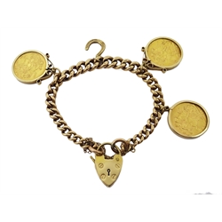  Gold curb chain bracelet with heart locket hallmarked 9ct, with three gold loose mounted full sovereigns dated 1928 Pretoria mint mark and 1913 and a horseshoe charm hallmarked 9ct, approx 54.7gm   