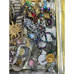 Middle Eastern silver bracelet (tested) and collection of vintage costume jewellery including brooches, necklaces, belt buckle etc