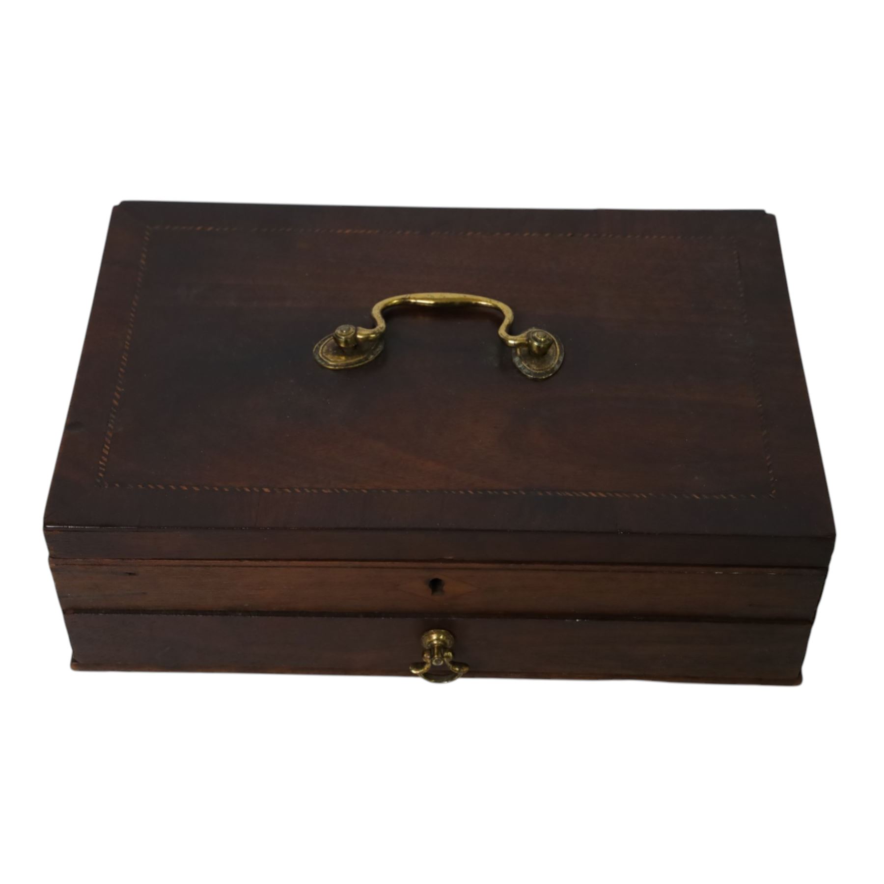 Victorian papier mache blotter folder hand painted floral detail the other with mother of pearl inlaid detail, together with an artist's painting box, the hinged lid opening to reveal a tray of ceramic paint cup, with draw beneath, artist box H8cm, L24cm