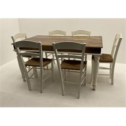 Mexican painted and polished pine rectangular dining table, raised on turned supports (W150cm, D90cm, H76cm), together with six chairs, rush seat raised on square supports (W40cm)