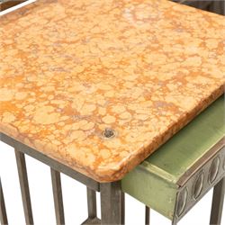 Pair of European Art Deco brass and marble bedside tables, the raised bass back over a canted rectangular marble top, fitted with single drawer decorated with repeating octagonal decoration, raised on square tubular supports with castors, united by undertier