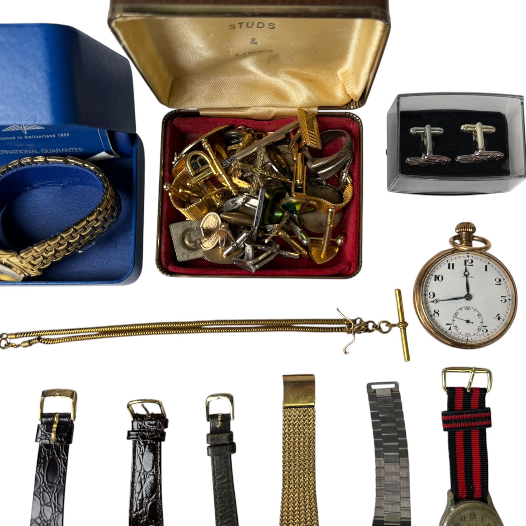 Collection of watches and cufflinks including continental silver pocket watch, gold plated pocket watch, boxed Rotary wristwatch, etc