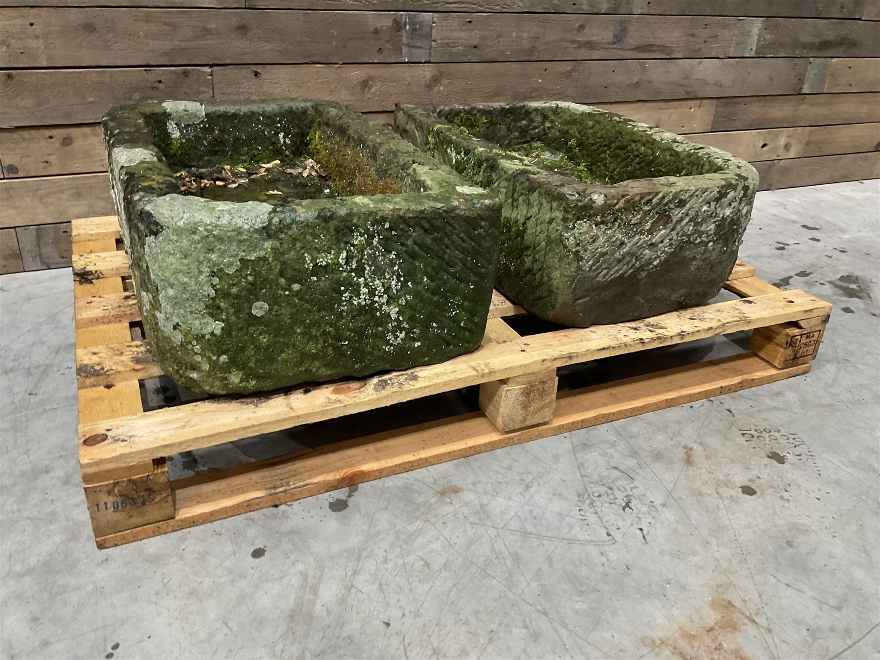 Two 19th century rectangular stone troughs (W72cm, D46cm, H25cm & W70cm, D44cm, H23cm)