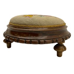 19th century mahogany tripod table, circular top with Embroidered pin cushion footstool 