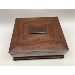 A Victorian mahogany box, of sarcophagus form upon four compressed bun feet, the hinged cover opening to reveal a compartmented interior, H15cm L38cm D33cm.