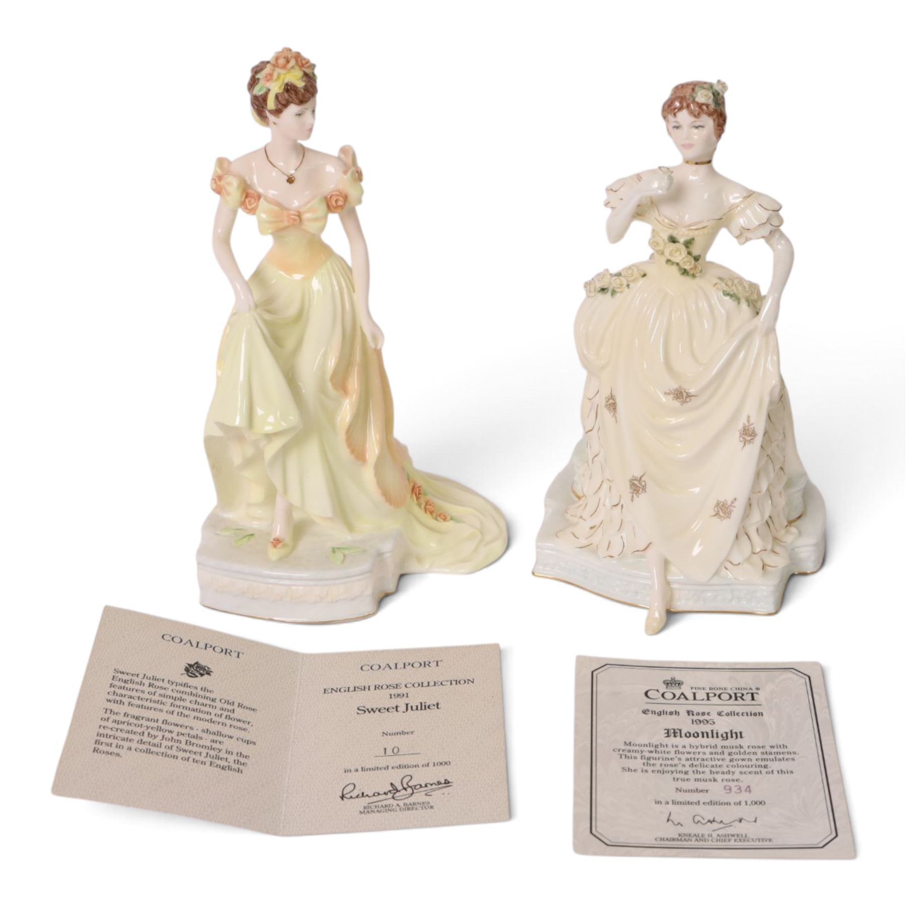 Two Coalport figures from the English Rose Collection, 1991 Sweet Juliet 10/1000 and 1995 Moonlight 934/1000, both with certificate