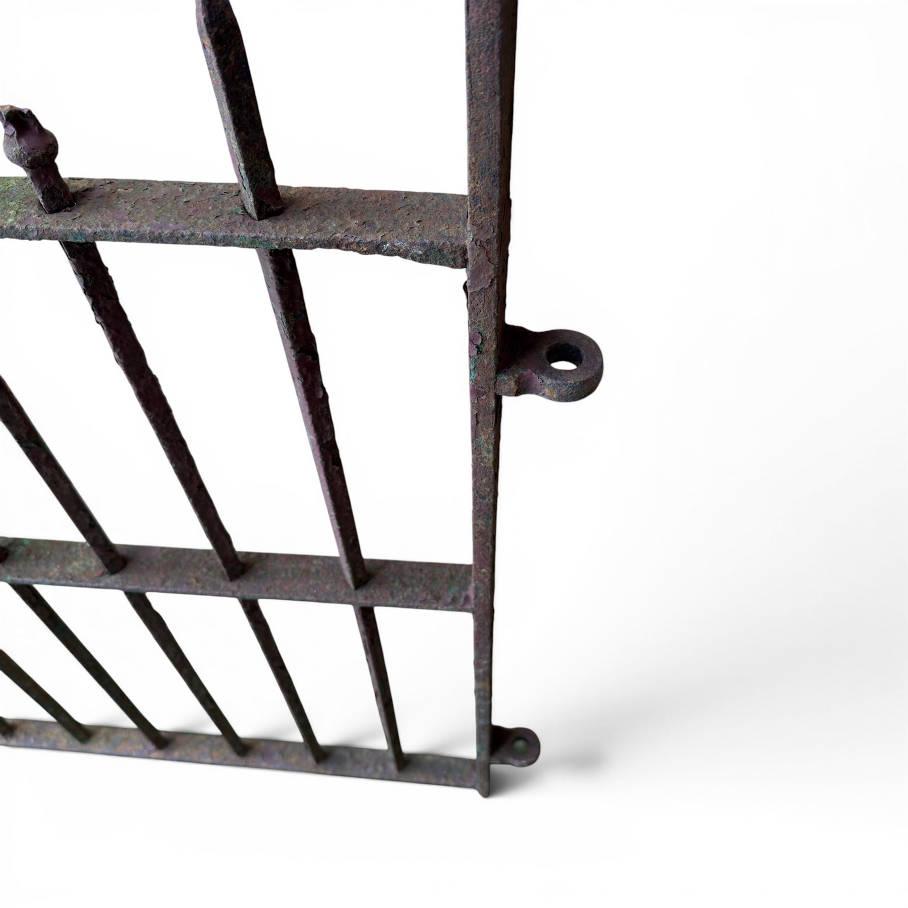 19th century wrought iron hand gate, with hinge loops and latch, square diamond fit rails, pointed finials