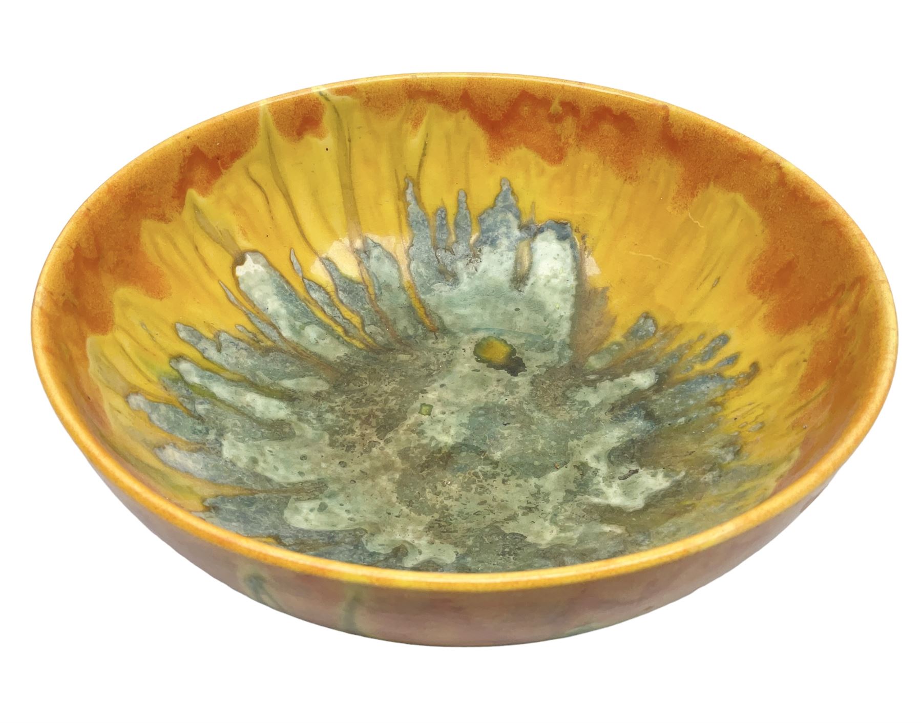 Crown Ducal bowl with orange and teal drip glaze decoration