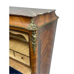 Mid-20th century Louis XVI design Kingwood and walnut secretaire à Abattant, shaped serpentine form with dark rouge variegated marble top, the fall front disguised as three drawers enclosing birdseye maple interior with shelf, drawers and writing surface, four functioning drawers below, decorated with cast gilt metal mouldings and mask cartouches, on skirted base with egg and dart moulded gilt metal edge