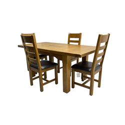 Solid light oak extending dining table, rectangular top with shaped apron, raised on square chamfered supports (W130cm D90cm H79cm); and set four oak dining chairs, high ladder backs with upholstered seats, raised on square supports united by H-stretcher (W46cm D50cm H105cm)