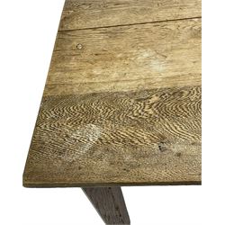 20th century oak refectory dining table, rectangular three plank top, on chamfered square supports 