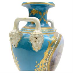 Pair of late 19th century Sevres style vases, each of urn shaped form with twin mask mounted raised handles, decorated with romantic figural and landscape panels within 'jewelled' and gilt foliate borders, with pseudo Sevres marks beneath, H35.5cm