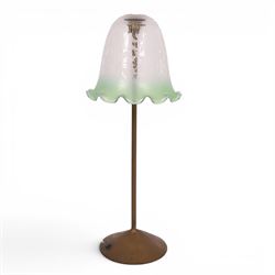 Early 20th century brass table uplight lamp with etched glass shade with fluted rim, H76cm