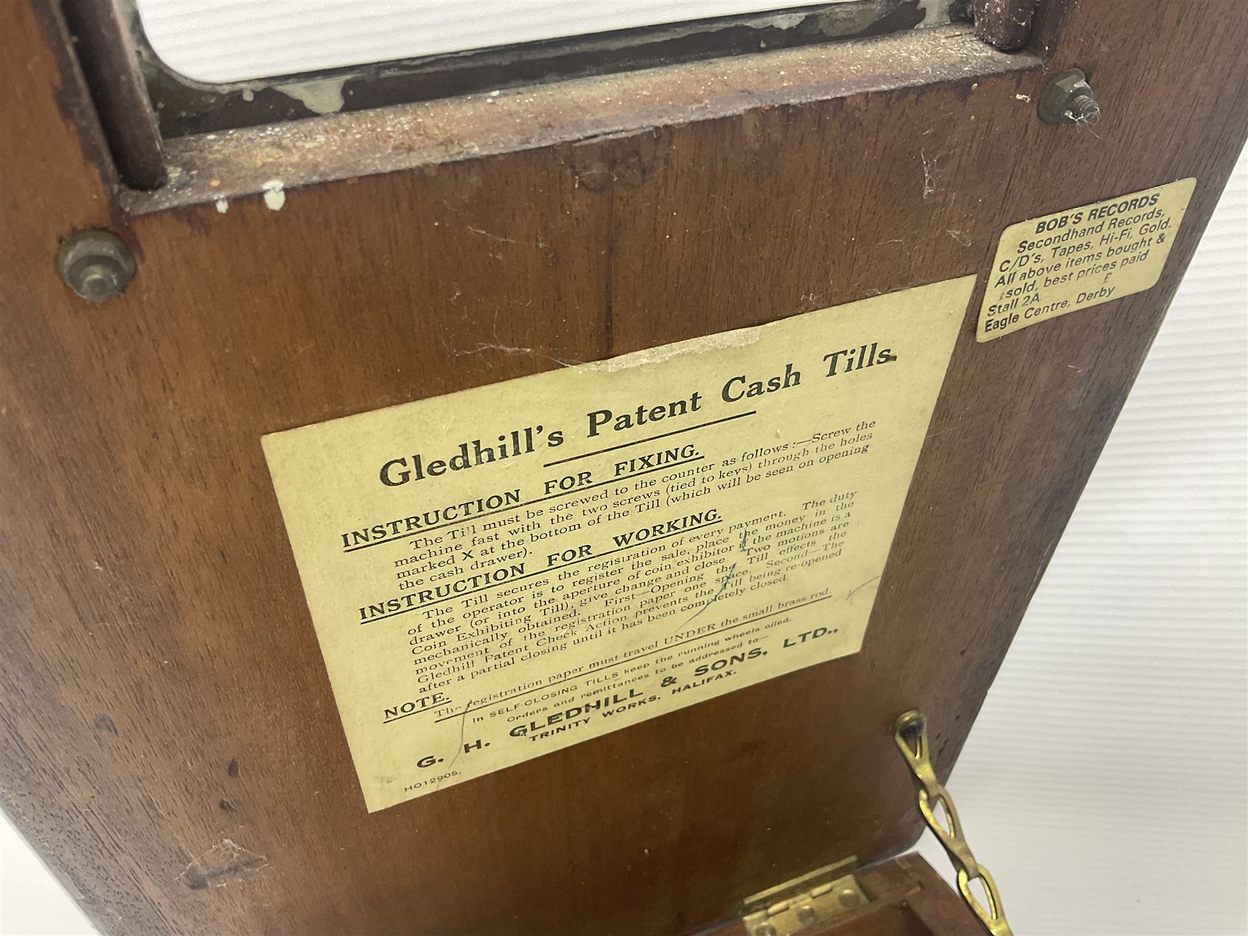 Wooden Gledhill till with paper labels to interior and a set of Salter scales with weights, till H17cm