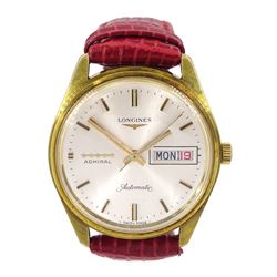 Longines Admiral gentleman's gold-plated automatic wristwatch, silvered dial with day/date aperture, on red leather strap