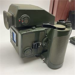 Zenza Bronica ETRS camera body, safari edition, serial no. 7100811, with 'Zenza Bronica Zenzanon EII 1:2.8 f=75mm' lens, serial no. 7908591, film magazine back, safari, serial no. 8100564, AE-ii metering head, safari, serial no. 617024, etc, all in leather case