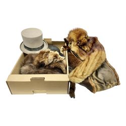 Wegener top hat, together with bowler hat and three fox stoles 