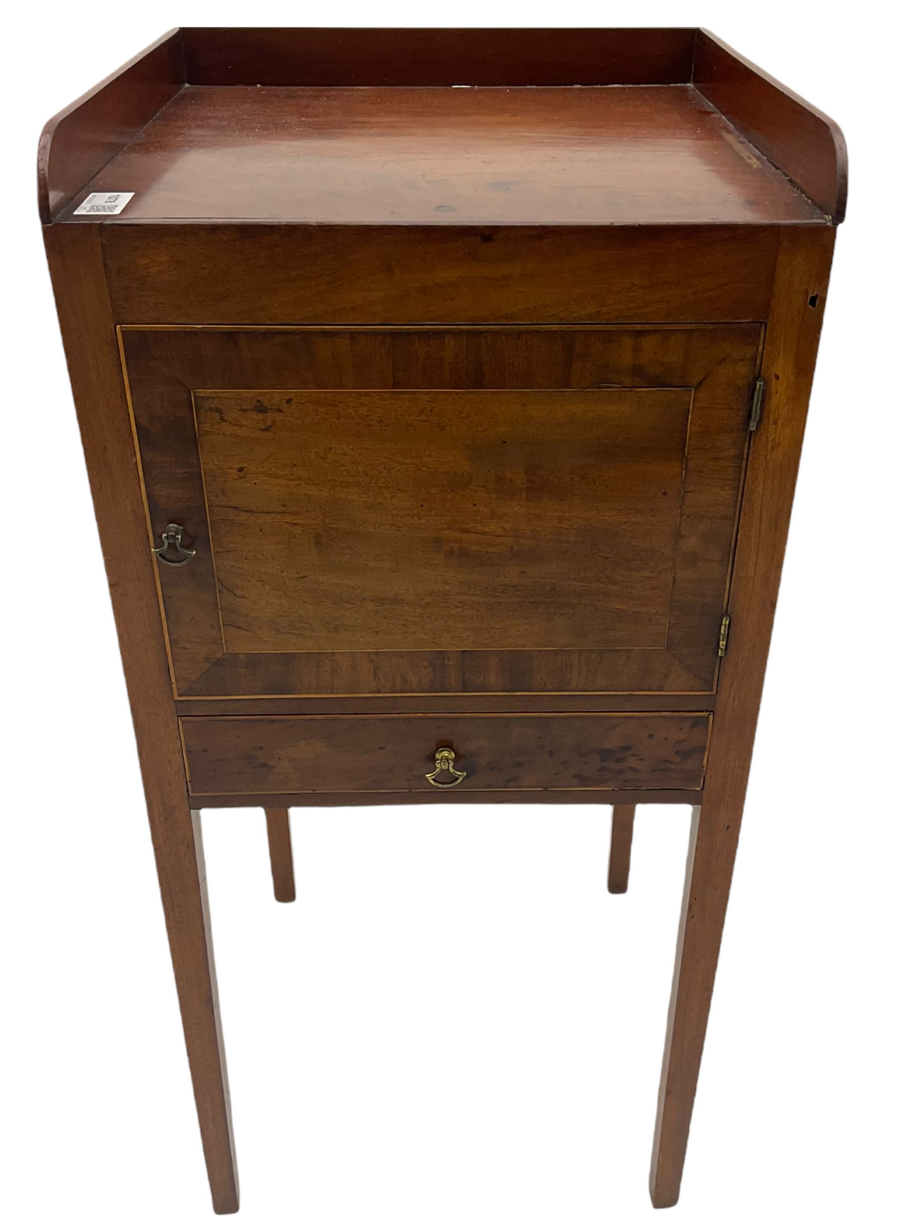 Early 19th century mahogany bedside pot cupboard, raised gallery back, enclosed by single door with band above single drawer, square supports